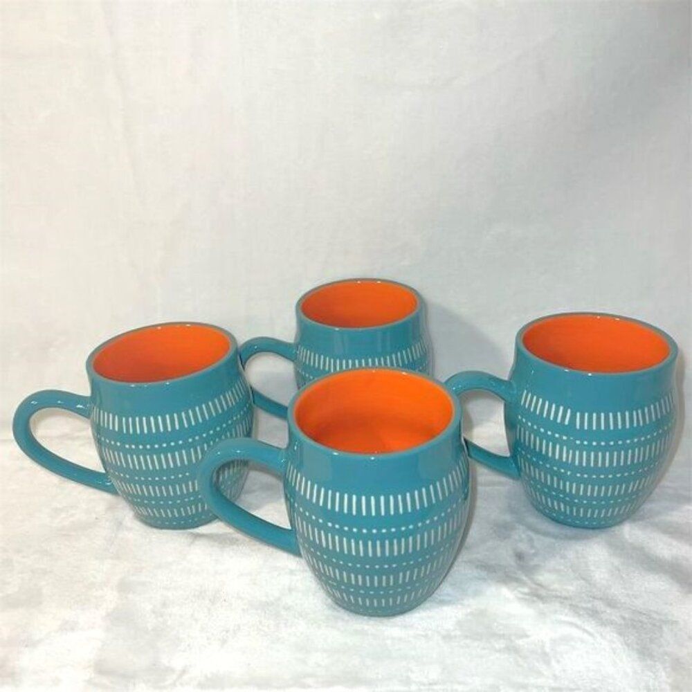 Baum Tangier Turquoise Teal Coffee Mugs Set of 4 Linear Dots Design - Picture 2 of 6